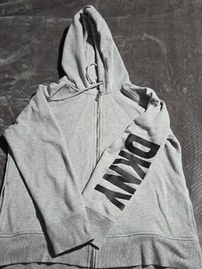 DKNY Light Gray Men's Full-Zip Hoodie with Sleeve Logo